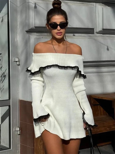 Contrast-Lace Off-Shoulder Mini Dress | Vesper