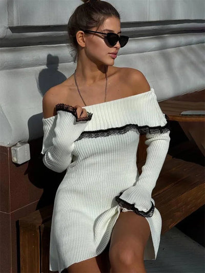 Contrast-Lace Off-Shoulder Mini Dress | Vesper