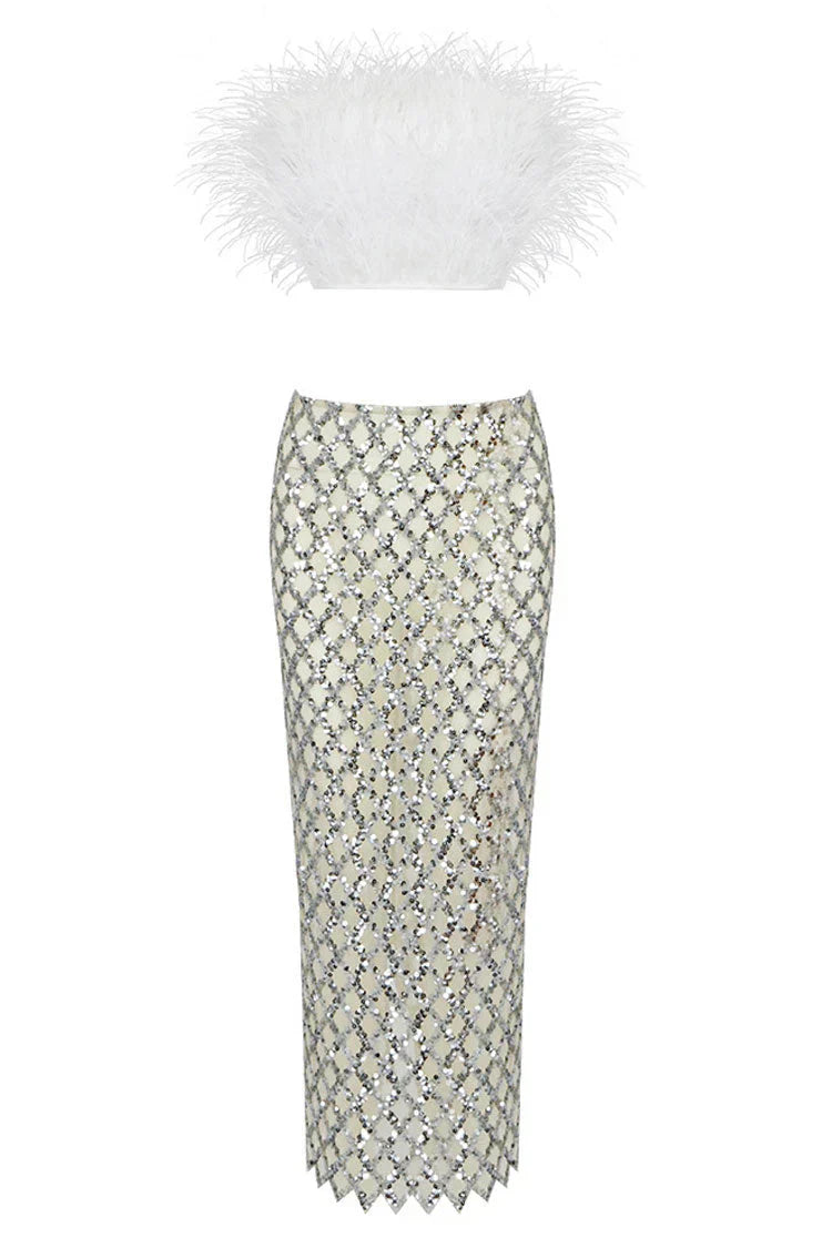 Loretta | Feather Top & Sequin Skirt Set