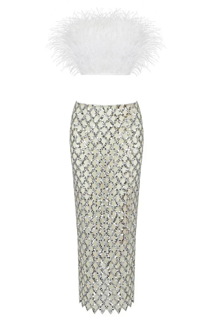 Fur top and sequin skirt set