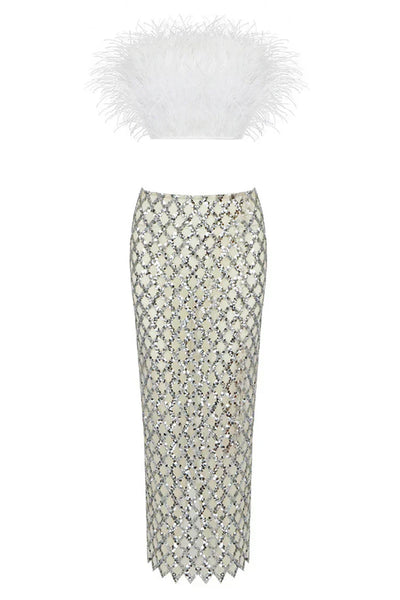 Fur top and sequin skirt set