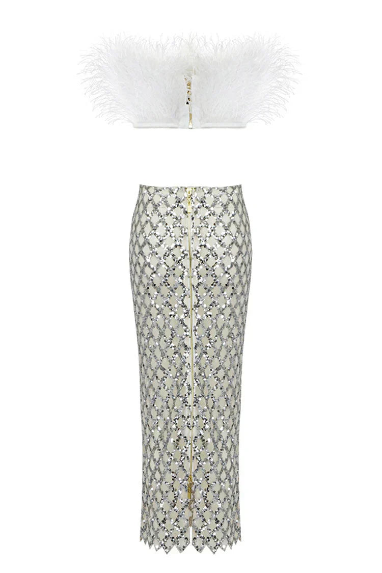 Fur top and sequin skirt set