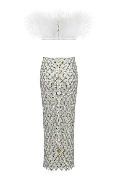 Fur top and sequin skirt set